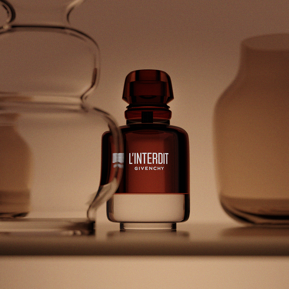3D render of a photorealistic perfume bottle with a stylish background